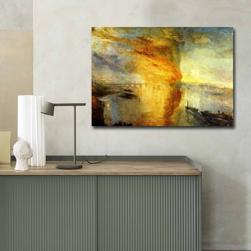 Canvastavla 70x100 cm - Dramatisk solnedgång över en stilla vattenyta med skepp i horisonten - Guld / Orange / Blå - Inredning - Tavlor & posters - Canvastavla