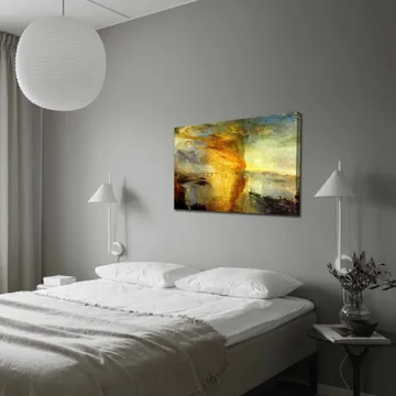 Canvastavla 70x100 cm - Dramatisk solnedgång över en stilla vattenyta med skepp i horisonten - Guld / Orange / Blå - Inredning - Tavlor & posters - Canvastavla