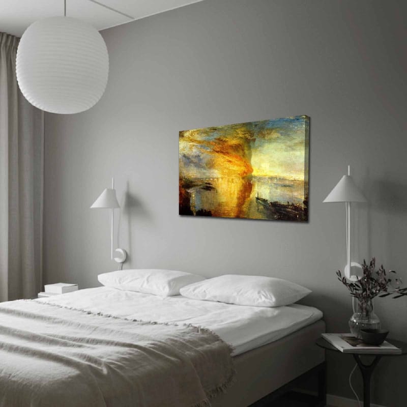 Canvastavla 70x100 cm - Dramatisk solnedgång över en stilla vattenyta med skepp i horisonten, Guld / Orange / Blå