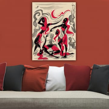 Canvastavla 70x100 cm - Dynamisk grupp av kvinnor i rörelse, uttryckande känslor och samhörighet - Röd / Svart / Beige - Inredning - Tavlor & posters - Canvastavla