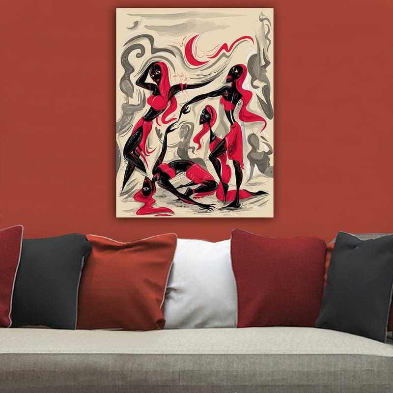 Canvastavla 70x100 cm - Dynamisk grupp av kvinnor i rörelse, uttryckande känslor och samhörighet - Röd / Svart / Beige - Inredning - Tavlor & posters - Canvastavla