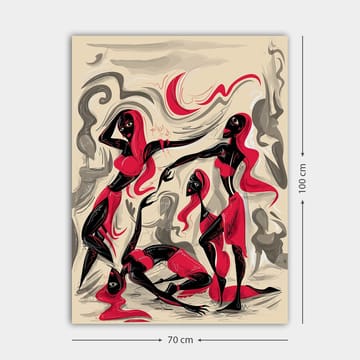 Canvastavla 70x100 cm - Dynamisk grupp av kvinnor i rörelse, uttryckande känslor och samhörighet - Röd / Svart / Beige - Inredning - Tavlor & posters - Canvastavla
