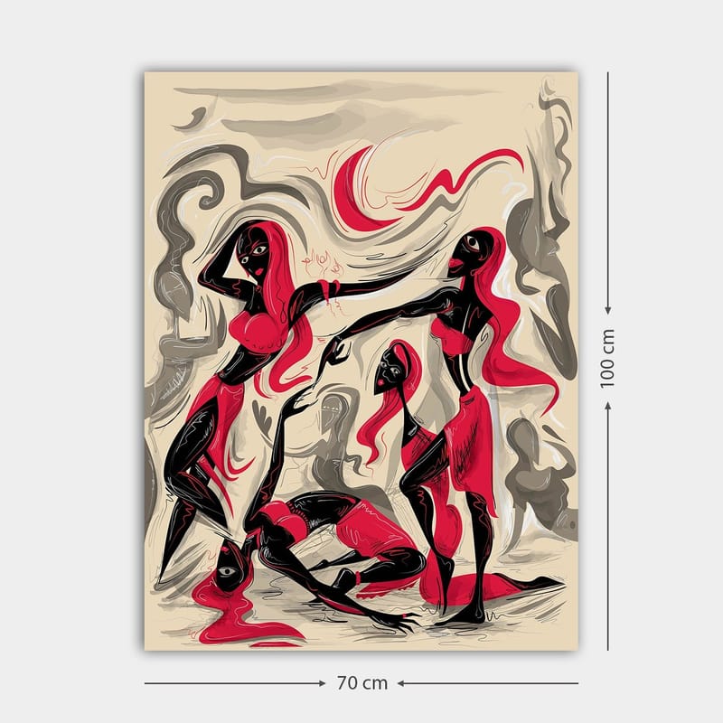 Canvastavla 70x100 cm - Dynamisk grupp av kvinnor i rörelse, uttryckande känslor och samhörighet - Röd / Svart / Beige - Inredning - Tavlor & posters - Canvastavla