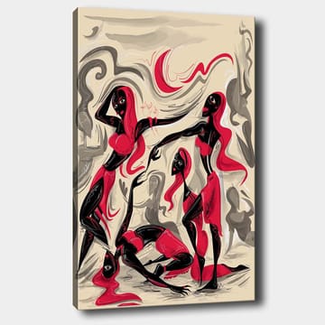 Canvastavla 70x100 cm - Dynamisk grupp av kvinnor i rörelse, uttryckande känslor och samhörighet - Röd / Svart / Beige - Inredning - Tavlor & posters - Canvastavla