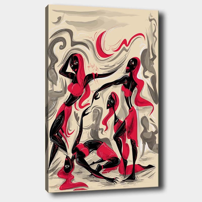 Canvastavla 70x100 cm - Dynamisk grupp av kvinnor i rörelse, uttryckande känslor och samhörighet, Röd / Svart / Beige