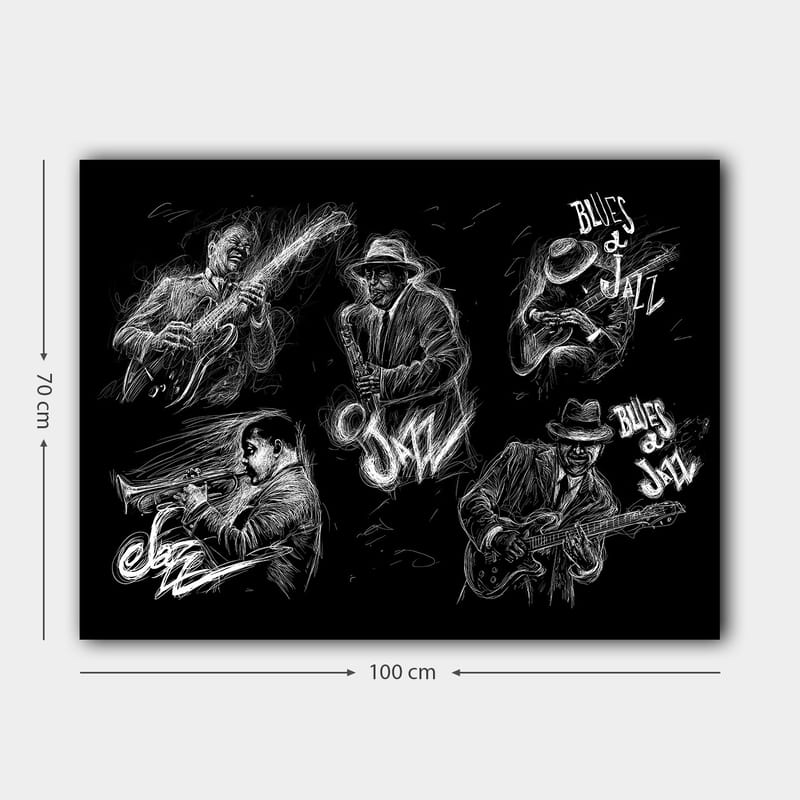 Canvastavla 70x100 cm - Dynamisk skildring av jazzmusiker som spelar olika instrument i en energisk komposition - Svart / Vit - Inredning - Tavlor & posters - Canvastavla