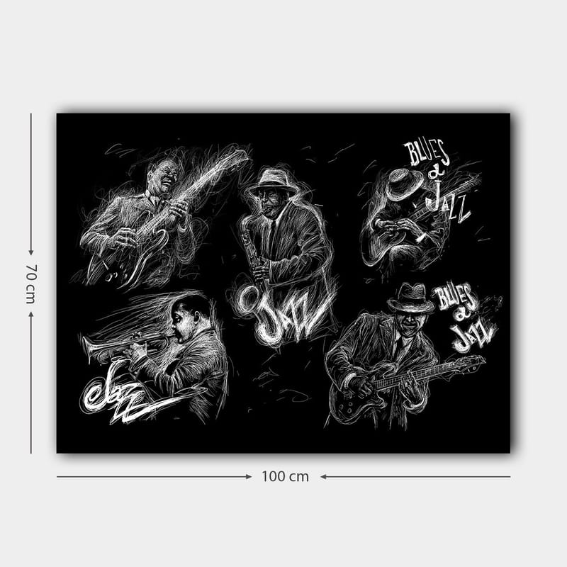 Canvastavla 70x100 cm - Dynamisk skildring av jazzmusiker som spelar olika instrument i en energisk komposition - Svart / Vit - Inredning - Tavlor & posters - Canvastavla
