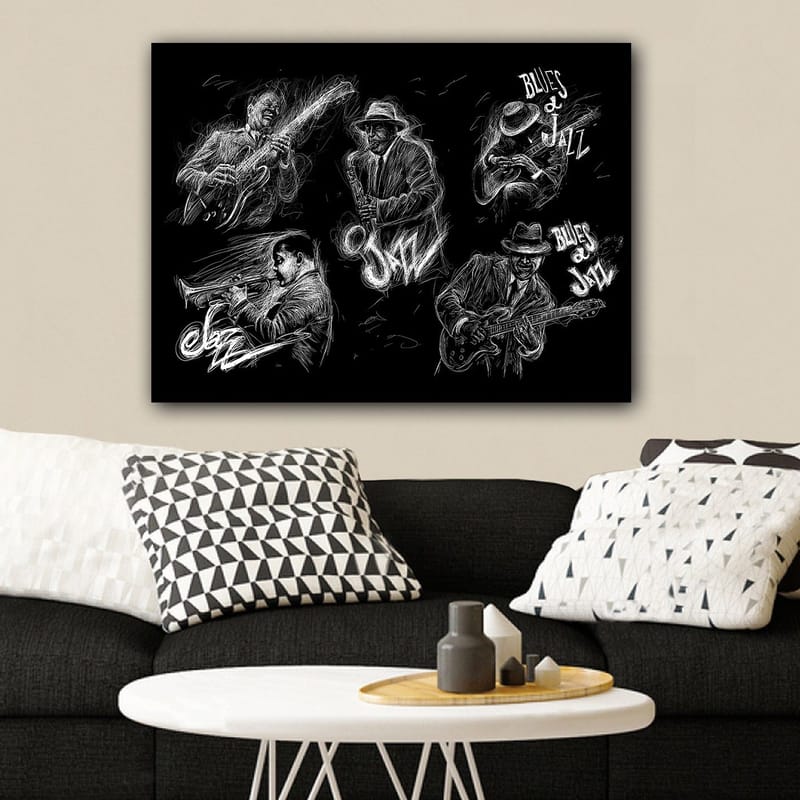 Canvastavla 70x100 cm - Dynamisk skildring av jazzmusiker som spelar olika instrument i en energisk komposition - Svart / Vit - Inredning - Tavlor & posters - Canvastavla