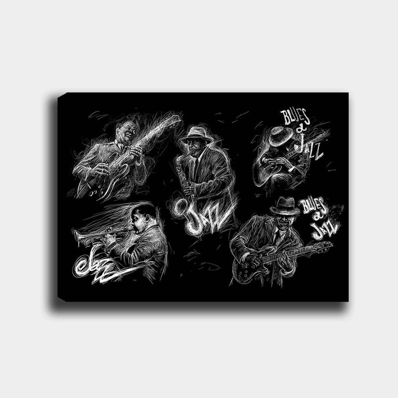 Canvastavla 70x100 cm - Dynamisk skildring av jazzmusiker som spelar olika instrument i en energisk komposition - Svart / Vit - Inredning - Tavlor & posters - Canvastavla