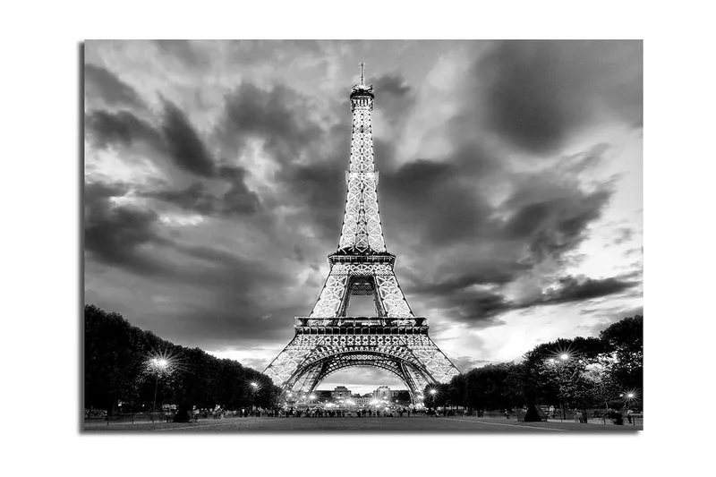Canvastavla 70x100 cm - Eiffeltornet i en dramatisk svartvit komposition, Svart / Vitt / Grått