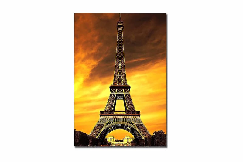 Canvastavla 70x100 cm - Eiffeltornet mot en dramatisk solnedgång, Guld / Orange / Svart