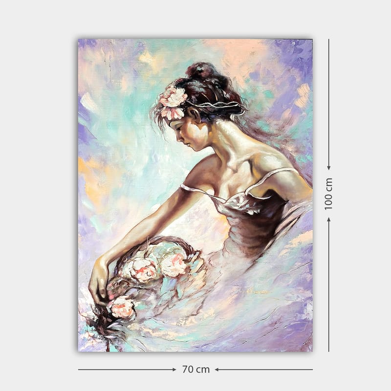 Canvastavla 70x100 cm - Elegant ballerina som plockar blommor med en drömmande och mjuk uttryck - Ljusrosa / Mintgrön / Beige - Inredning - Tavlor & posters - Canvastavla
