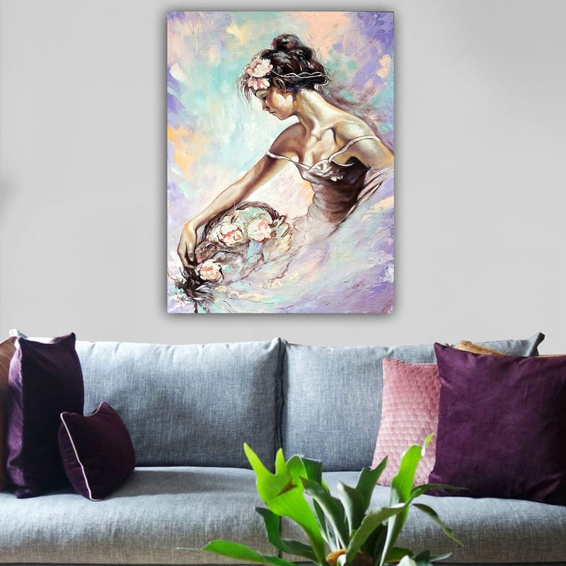 Canvastavla 70x100 cm - Elegant ballerina som plockar blommor med en drömmande och mjuk uttryck - Ljusrosa / Mintgrön / Beige - Inredning - Tavlor & posters - Canvastavla