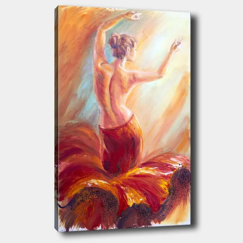 Canvastavla 70x100 cm - Elegant dansös i en röd klänning som fångar rörelsen och känslan av dans, Röd / Orange / Beige