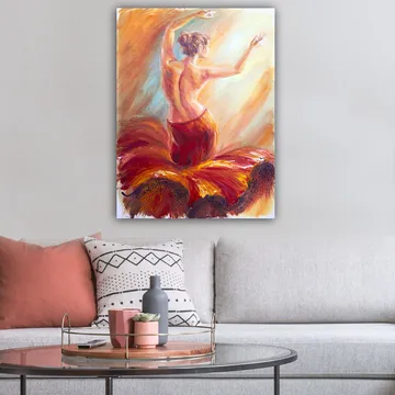 Canvastavla 70x100 cm - Elegant dansös i en röd klänning som fångar rörelsen och känslan av dans - Röd / Orange / Beige - Inredning - Tavlor & posters - Canvastavla