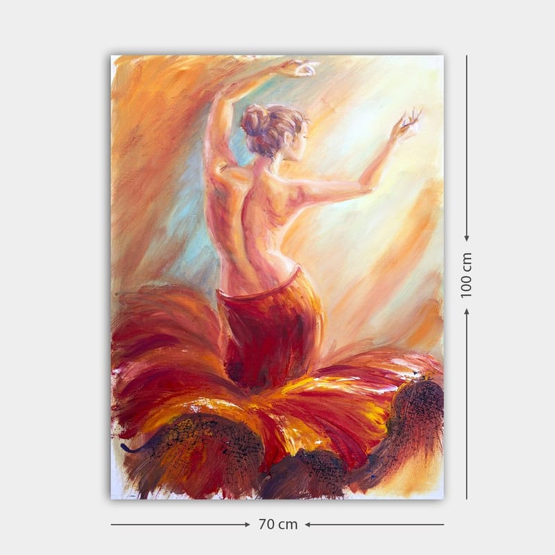 Canvastavla 70x100 cm - Elegant dansös i en röd klänning som fångar rörelsen och känslan av dans - Röd / Orange / Beige - Inredning - Tavlor & posters - Canvastavla
