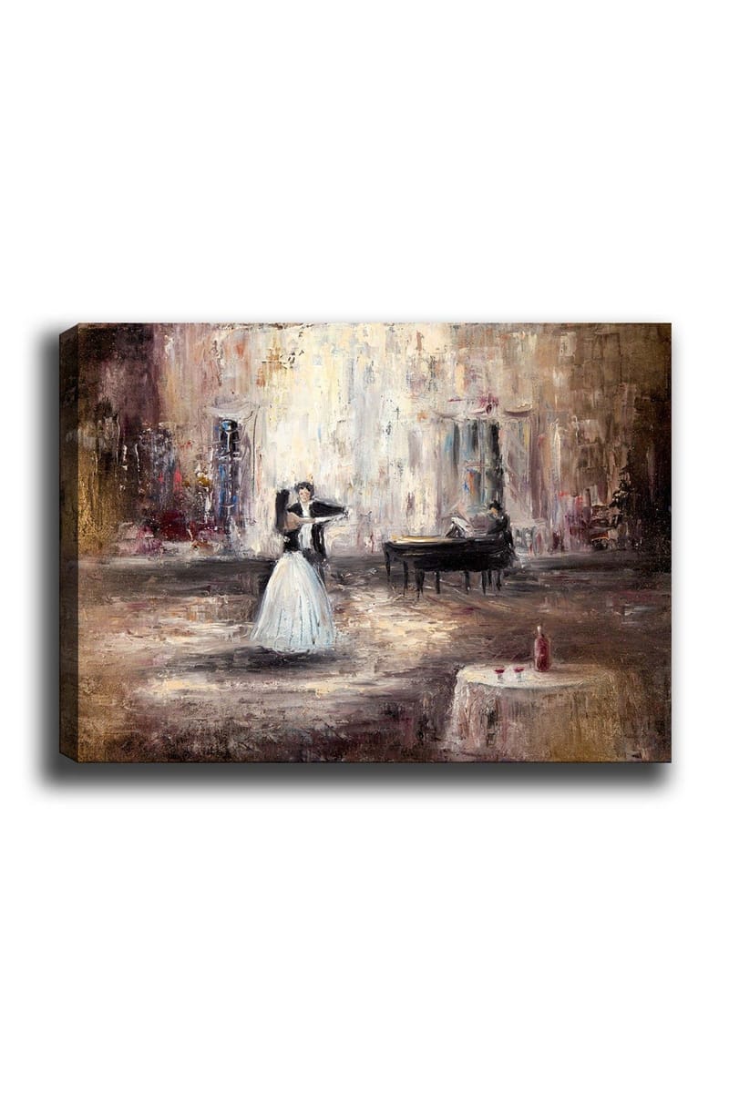 Canvastavla 70x100 cm - Elegant dansande kvinna i vit klänning framför ett piano i en romantisk miljö, Vit / Brun / Grå
