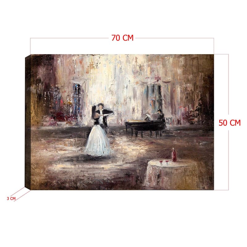 Canvastavla 70x100 cm - Elegant dansande kvinna i vit klänning framför ett piano i en romantisk miljö - Vit / Brun / Grå - Inredning - Tavlor & posters - Canvastavla