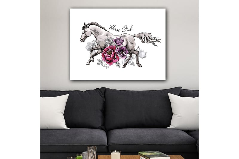 Canvastavla 70x100 cm - Elegant häst som springer fram omgiven av färgglada blommor - Grå / Rosa / Lila - Inredning - Tavlor & posters - Canvastavla