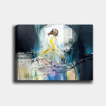 Canvastavla 70x100 cm - Elegant kvinna i en gul klänning som dansar med en drömlik bakgrund - Gul / Blå / Svart - Inredning - Tavlor & posters - Canvastavla