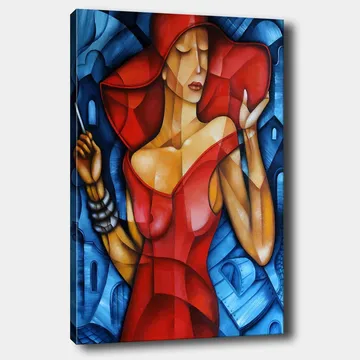 Canvastavla 70x100 cm - Elegant kvinna i röd klänning med en stor hatt, som håller en parasoll i en stiliserad miljö - Röd / Blå / Beige - Inredning - Tavlor & posters - Canvastavla