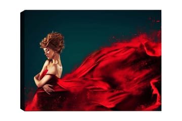 Canvastavla 70x100 cm - Elegant kvinna i röd klänning som svävar med en dramatisk rörelse - Röd / Mörkblå - Inredning - Tavlor & posters - Canvastavla