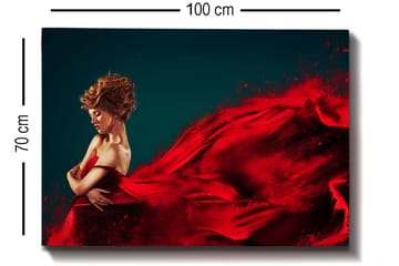 Canvastavla 70x100 cm - Elegant kvinna i röd klänning som svävar med en dramatisk rörelse - Röd / Mörkblå - Inredning - Tavlor & posters - Canvastavla