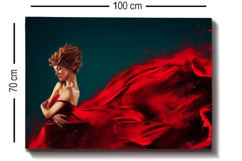 Canvastavla 70x100 cm - Elegant kvinna i röd klänning som svävar med en dramatisk rörelse - Röd / Mörkblå - Inredning - Tavlor & posters - Canvastavla