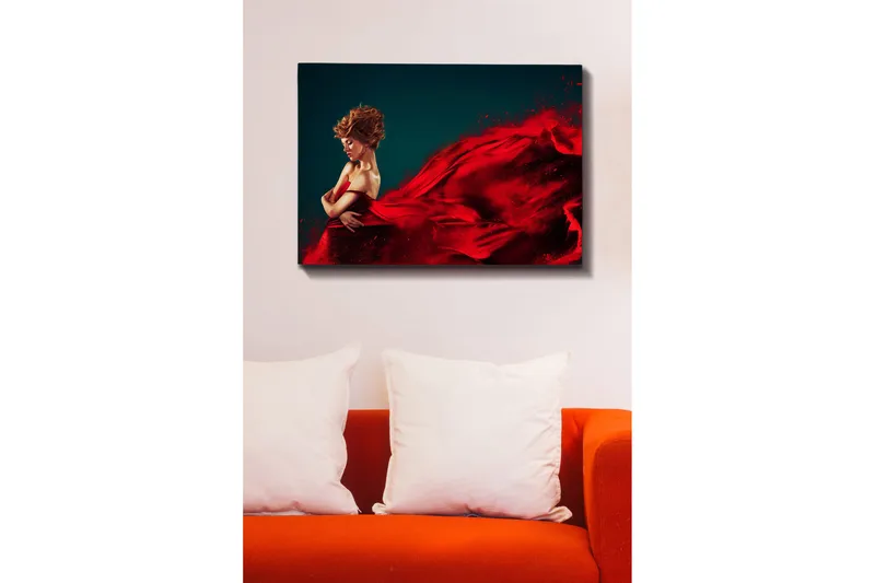 Canvastavla 70x100 cm - Elegant kvinna i röd klänning som svävar med en dramatisk rörelse - Röd / Mörkblå - Inredning - Tavlor & posters - Canvastavla