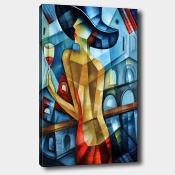 Canvastavla 70x100 cm - Elegant kvinna med ett glas vin i handen, klädd i en röd klänning och en stor hatt, står framför en stiliserad stadsbakgrund - Blå / Röd / Beige - Inredning - Tavlor & posters - Canvastavla