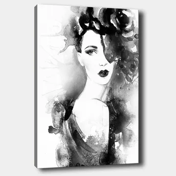 Canvastavla 70x100 cm - Elegant kvinna med mörkt hår och dramatiskt smink, omgiven av svarta blommor - Svart / Grå / Vit - Inredning - Tavlor & posters - Canvastavla