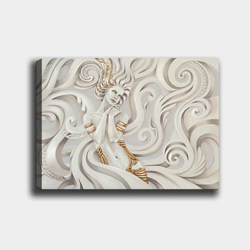 Canvastavla 70x100 cm - Elegant kvinna med svävande hår omgiven av dekorativa svängningar och mönster - Vit / Guld / Grå - Inredning - Tavlor & posters - Canvastavla