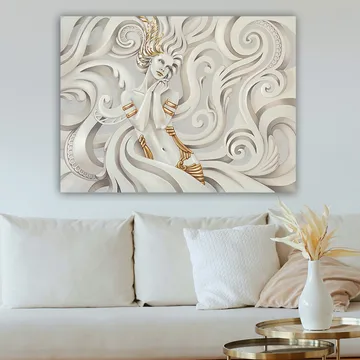 Canvastavla 70x100 cm - Elegant kvinna med svävande hår omgiven av dekorativa svängningar och mönster - Vit / Guld / Grå - Inredning - Tavlor & posters - Canvastavla