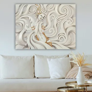 Canvastavla 70x100 cm - Elegant kvinna med svävande hår omgiven av dekorativa svängningar och mönster - Vit / Guld / Grå - Inredning - Tavlor & posters - Canvastavla