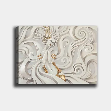 Canvastavla 70x100 cm - Elegant kvinna med svävande hår omgiven av dekorativa svängningar och mönster - Vit / Guld / Grå - Inredning - Tavlor & posters - Canvastavla