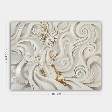 Canvastavla 70x100 cm - Elegant kvinna med svävande hår omgiven av dekorativa svängningar och mönster - Vit / Guld / Grå - Inredning - Tavlor & posters - Canvastavla