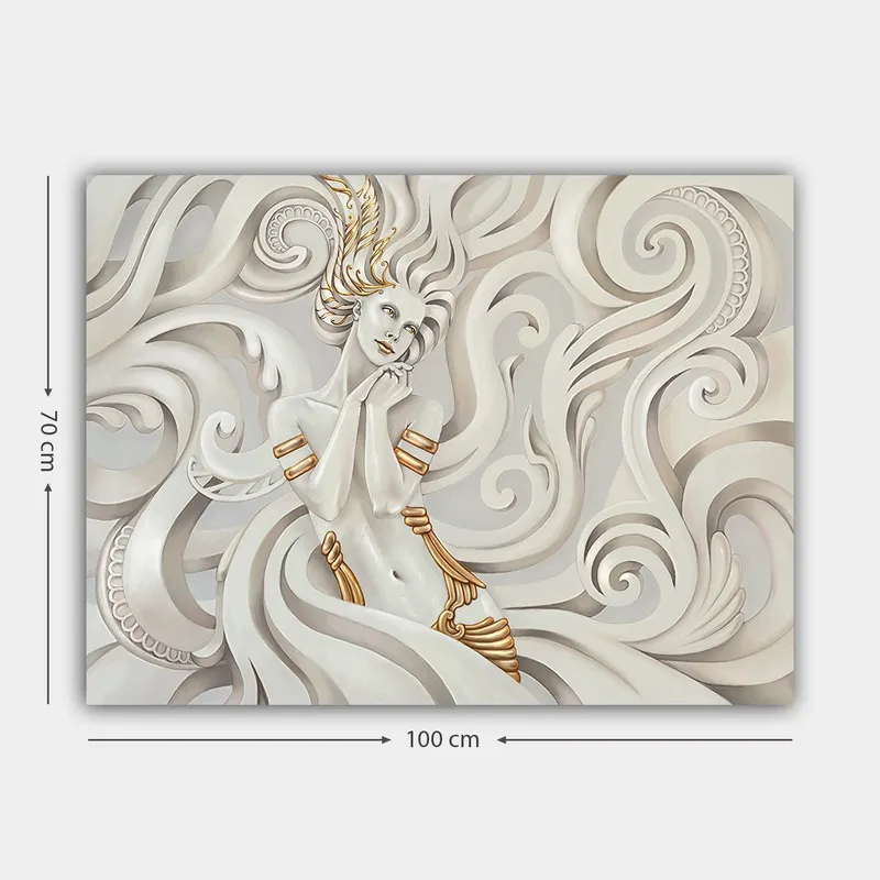 Canvastavla 70x100 cm - Elegant kvinna med svävande hår omgiven av dekorativa svängningar och mönster - Vit / Guld / Grå - Inredning - Tavlor & posters - Canvastavla