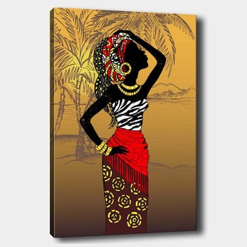 Canvastavla 70x100 cm - Elegant kvinna med traditionella kläder och smycken, som poserar mot en exotisk bakgrund - Svart / Röd / Gul - Inredning - Tavlor & posters - Canvastavla