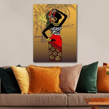 Canvastavla 70x100 cm - Elegant kvinna med traditionella kläder och smycken, som poserar mot en exotisk bakgrund - Svart / Röd / Gul - Inredning - Tavlor & posters - Canvastavla