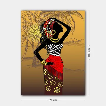 Canvastavla 70x100 cm - Elegant kvinna med traditionella kläder och smycken, som poserar mot en exotisk bakgrund - Svart / Röd / Gul - Inredning - Tavlor & posters - Canvastavla