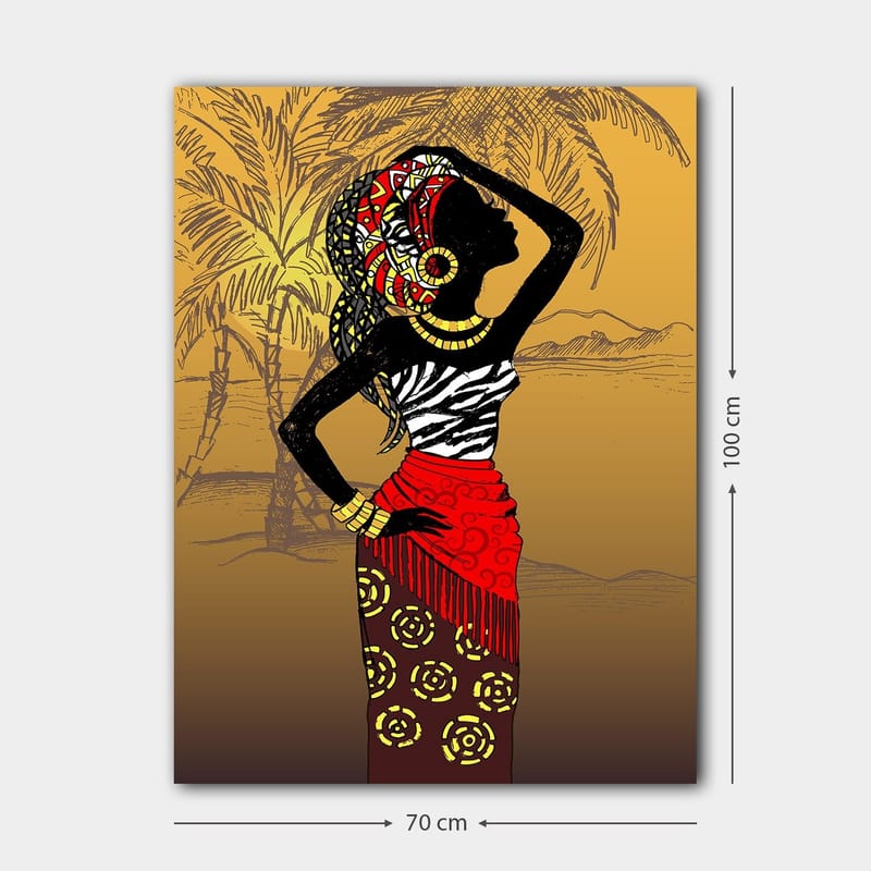 Canvastavla 70x100 cm - Elegant kvinna med traditionella kläder och smycken, som poserar mot en exotisk bakgrund - Svart / Röd / Gul - Inredning - Tavlor & posters - Canvastavla