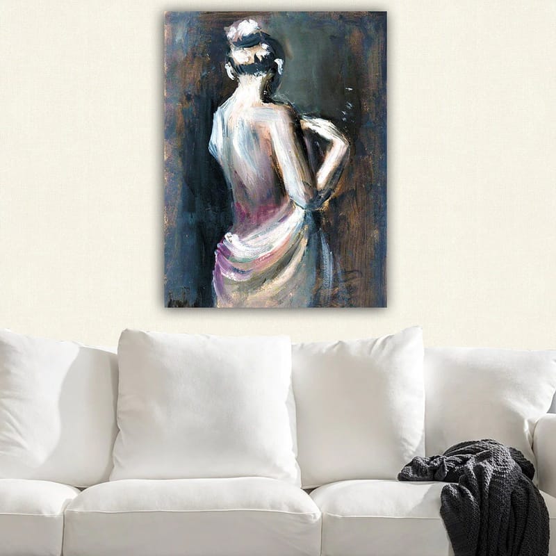 Canvastavla 70x100 cm - Elegant kvinna sedd bakifrån, klädd i en draperad klänning - Vit / Beige / Mörkblå - Inredning - Tavlor & posters - Canvastavla