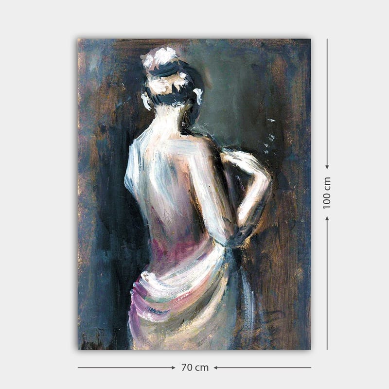 Canvastavla 70x100 cm - Elegant kvinna sedd bakifrån, klädd i en draperad klänning - Vit / Beige / Mörkblå - Inredning - Tavlor & posters - Canvastavla
