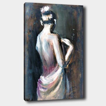 Canvastavla 70x100 cm - Elegant kvinna sedd bakifrån, klädd i en draperad klänning - Vit / Beige / Mörkblå - Inredning - Tavlor & posters - Canvastavla