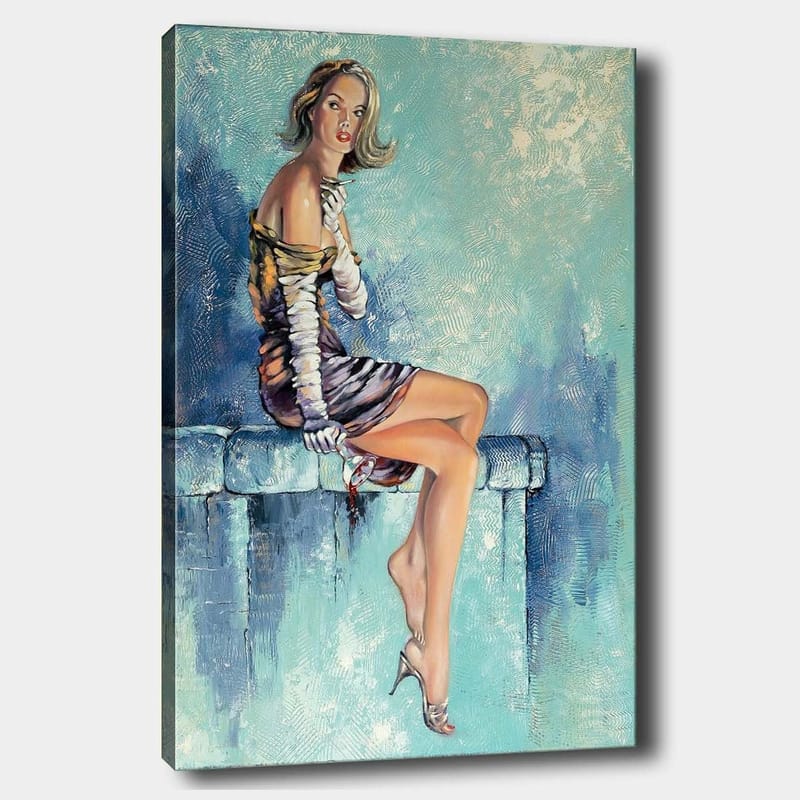 Canvastavla 70x100 cm - Elegant kvinna sitter på en bänk med en dramatisk pose, klädd i en stilren klänning, Blå / Beige / Svart