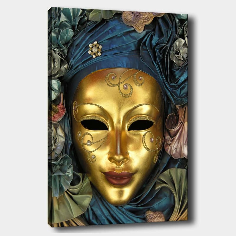 Canvastavla 70x100 cm - Elegant mask med gyllene yta och intrikata detaljer, omgiven av blå och gröna textilier, Guld / Blå / Grön