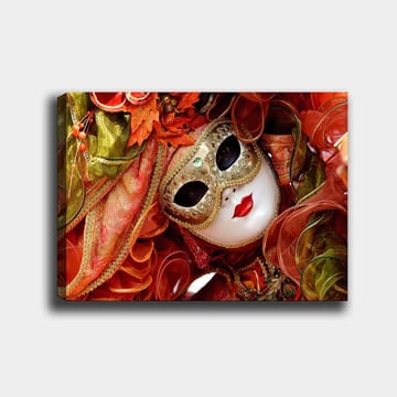 Canvastavla 70x100 cm - Elegant maskeradfigur med en utsmyckad mask och färgglad dräkt - Röd / Orange / Grön - Inredning - Tavlor & posters - Canvastavla