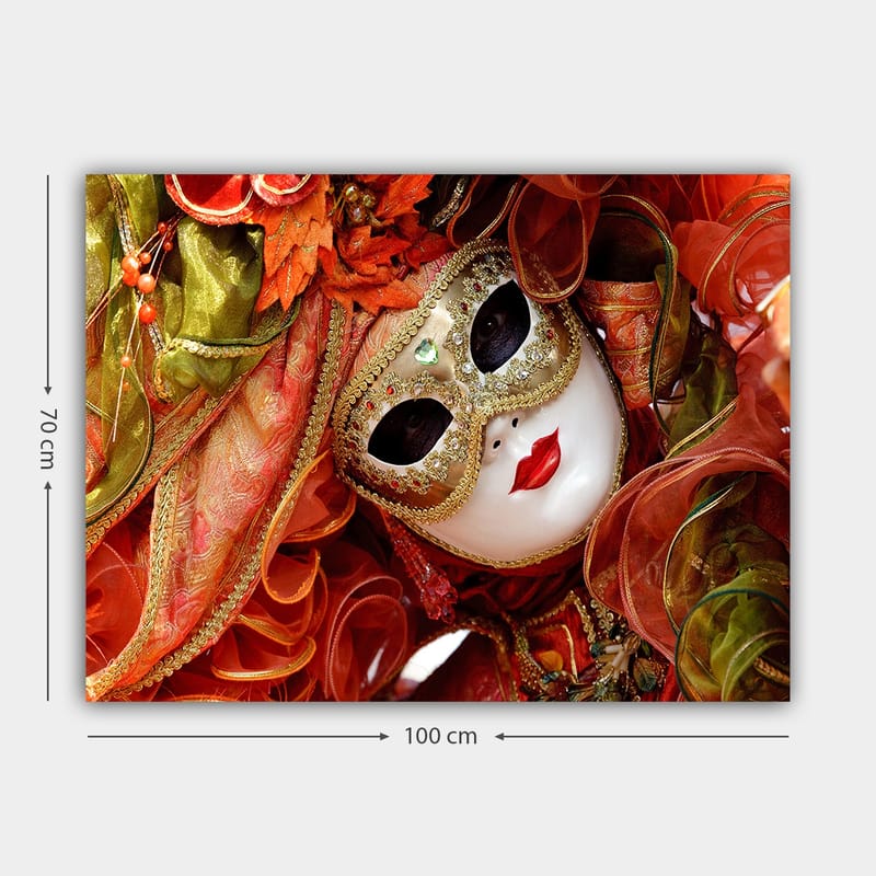 Canvastavla 70x100 cm - Elegant maskeradfigur med en utsmyckad mask och färgglad dräkt - Röd / Orange / Grön - Inredning - Tavlor & posters - Canvastavla