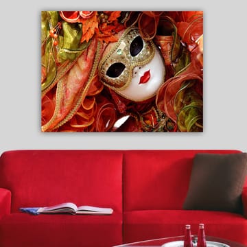 Canvastavla 70x100 cm - Elegant maskeradfigur med en utsmyckad mask och färgglad dräkt - Röd / Orange / Grön - Inredning - Tavlor & posters - Canvastavla