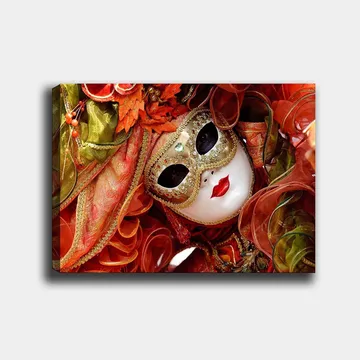 Canvastavla 70x100 cm - Elegant maskeradfigur med en utsmyckad mask och färgglad dräkt - Röd / Orange / Grön - Inredning - Tavlor & posters - Canvastavla